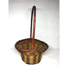 Round Straw Rattan "Colorful!" Basket w/ "Tall Hoop Handle!" - 6.5"x6.5"x12"