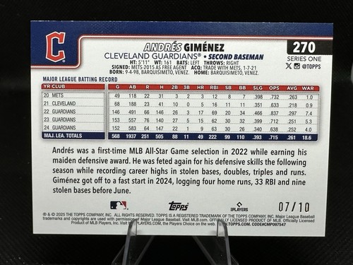 Andres Gimenez - 2025 Topps Series 1 Black Holo Foil /10 Guardians #270 - Picture 2 of 2