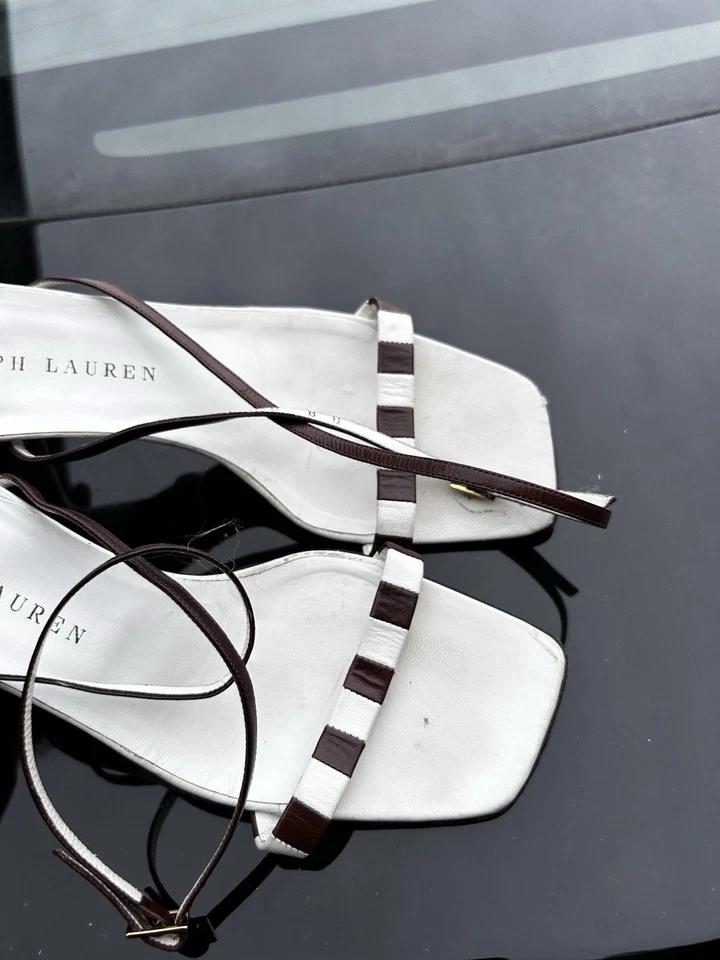 Sandalias Ralph Lauren Marrón y Blanco Rayas Tirantes Tacones Talla 8B Hechas en Italia Foto 2 de 4