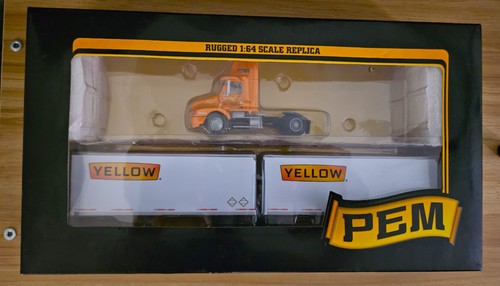 VINTAGE TONKIN PEM 1/64 VOLVO DAY CAB & 28' TRAILER YELLOW CARGO NEW IN BOX