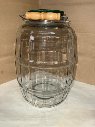 VTG Large Clear Glass Pickle Jar Barrel Style 13” Tall With Lid & Wooden Handle - Picture 3 of 7