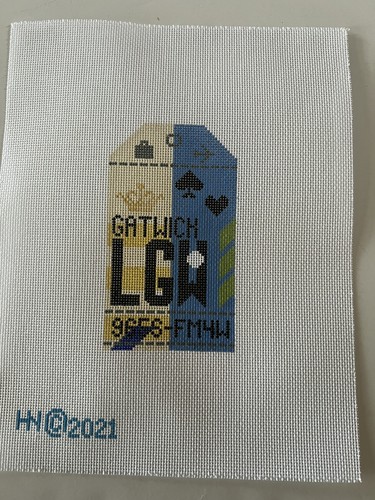Hedgehog Needlepoint GATWICK London Airport 18m Needlepoint Canvas Luggage Tag - Picture 2 of 2