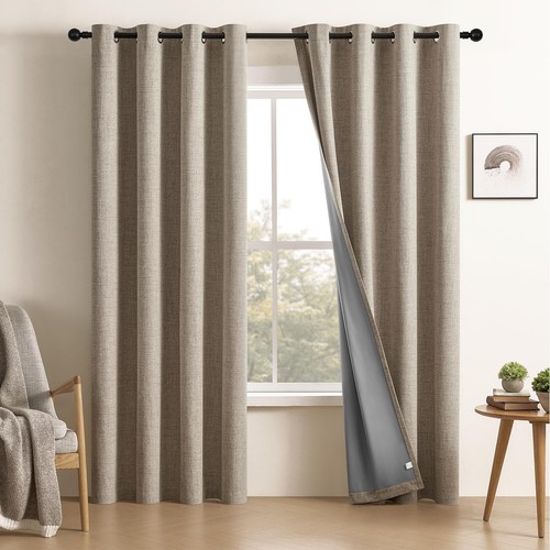 100% Blackout Window Curtains 84 inches Long 2 Panels Set, Faux Linen Look Th...