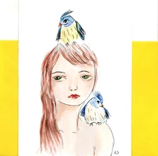 Blue Finch Fiches & Young Girl Blank Inside Hand Painted Greeting Card