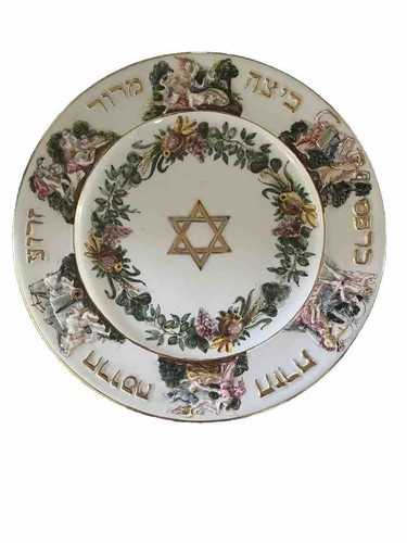 RARE ANTIQUE FAIENCE ITALIAN CAPODIMONTE JUDAICA PESACH PASSOVER SEDER PLATE