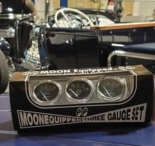 MOONeyes 3 GAUGE SET w Chrome Panel & Senders HOT ROD Custom OIL TEMP VOLT moon