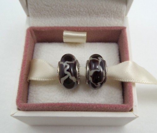 2 Pandora Sterling Charm Beads Black & off -White Animal Print Art Glass in Box - Picture 8 of 10
