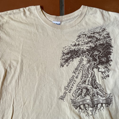 Gildan Ultra Cotton Men’s L Blaze Christian Fellowship Deeply Rooted Tan T-Shirt - Picture 2 of 23