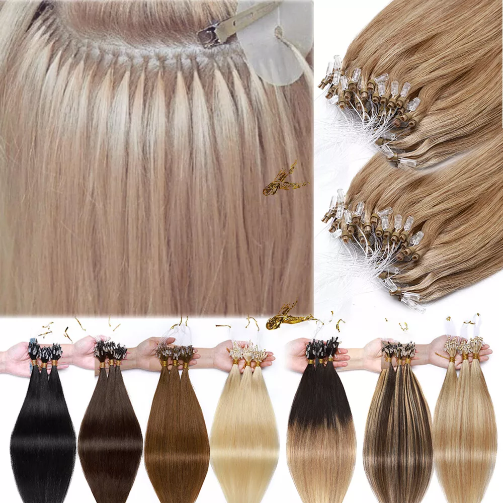 Easy Loop Micro Ring Beads Remy Human Hair Extensions Full Head Pre Bonded  THICK