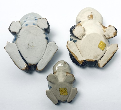 Vintage Otagiri Figurine Frog Toad Hirado Style Set 3 Ceramic Frogs Blue Japan - Picture 7 of 20