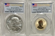 2020 C&C GHWB $1 PCGS Reverse PF 70 Coin and MS 70 Silver Medal First Strike