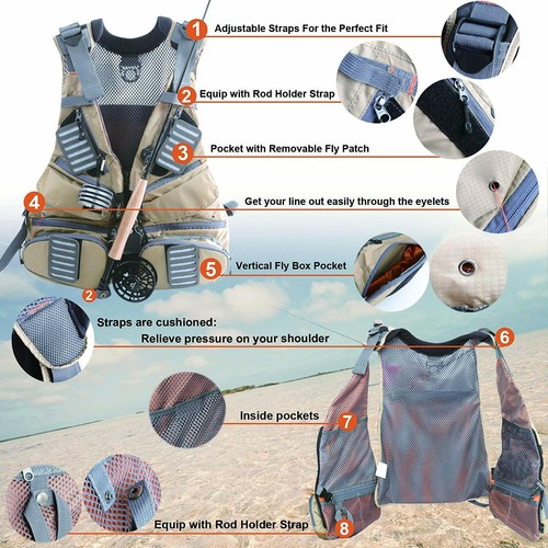Maxcatch Fly Fishing Vest Pack Multi-pocket Adjustable Mesh Vest Jacket Outdoor - Picture 2 of 9