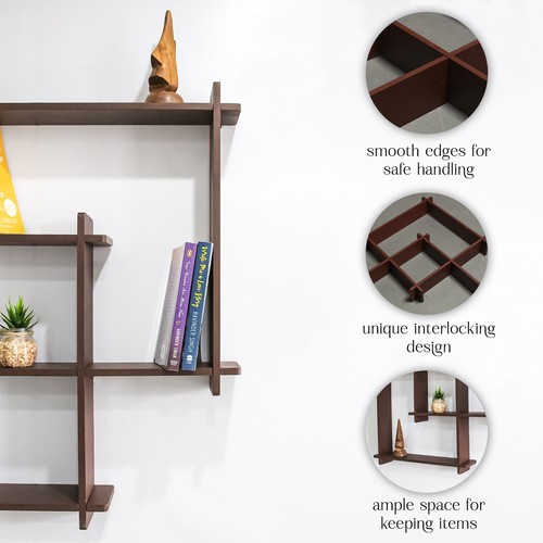 Modern Wooden Wall Shelf - Intersecting Grid Design - Floating Storage - Picture 14 of 16