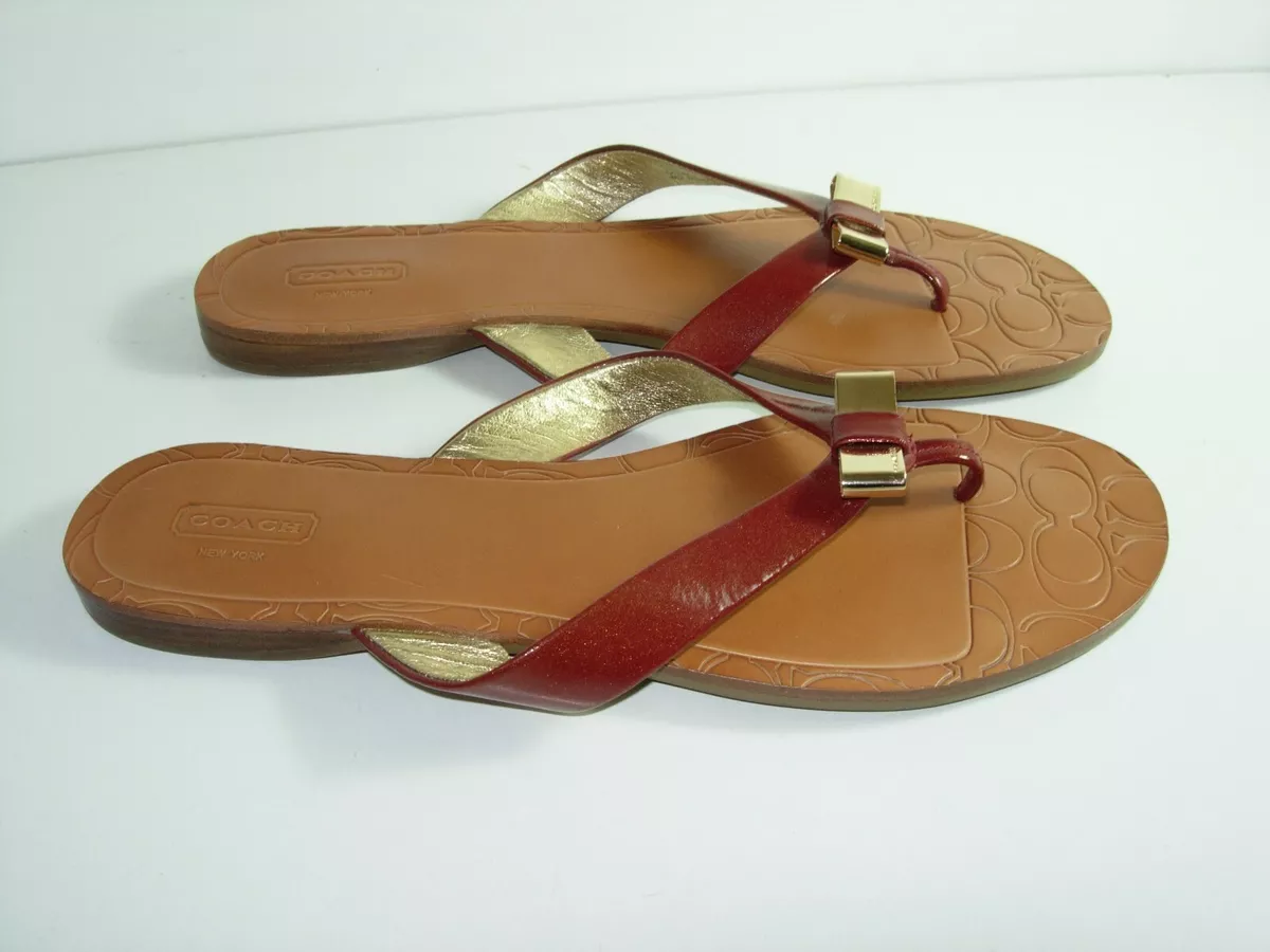 WOMENS RUST GOLD PATENT LEATHER FLIP FLOPS COACH SANDALS FLATS