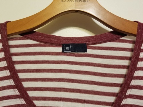 GAP Long Sleeve Pocket V-neck Tee, Viscose Poly Blend, Garnet Stripe Size L, NWT - Picture 4 of 6