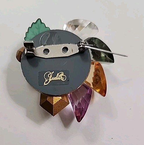 Multicolored Jewel Toned Brooch Acrylic Signed Judithe - Picture 7 of 8