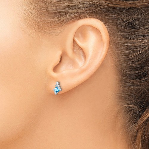 925 Sterling Silver Cushion-cut Swiss Blue Topaz Diamond Stud Earrings - Picture 2 of 5