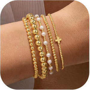 Authentic Gold Beaded Bracelets Set for Women Non Tarnish - 14K Gold Plated Dainty round B