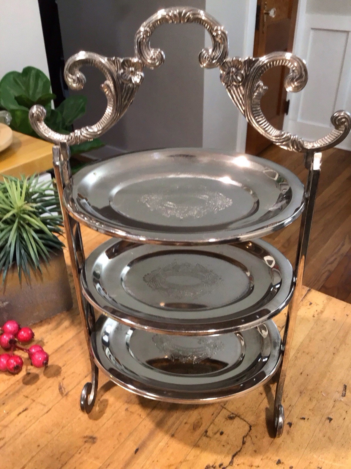 Vintage Edwardian Style  3 Tier Removable  Cake/Candy Stand Engraved Silverplate