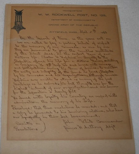 Grand Army of the Republic 1913 GAR Letter, Dept. of Mass., Rockwell Post