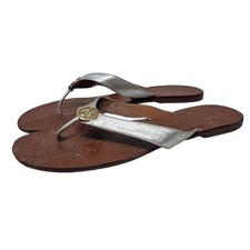 Tory Burch 10 Thora Silver Metallic Leather Flip Flop Sandal Thong Coastal