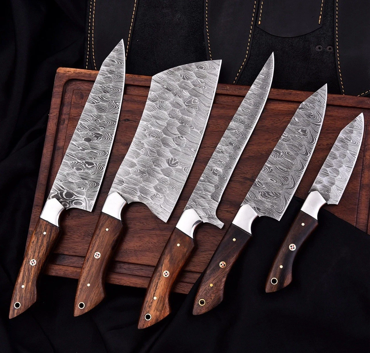 Hand Forged Damascus Steel Chef Set, Handmade Kitchen knife 5 PCS Set Leather