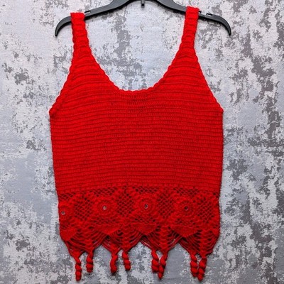 Bangalore Yoga Red Crochet Trim Tasseled Mirror Inserts Tank Top Women Chest 34''