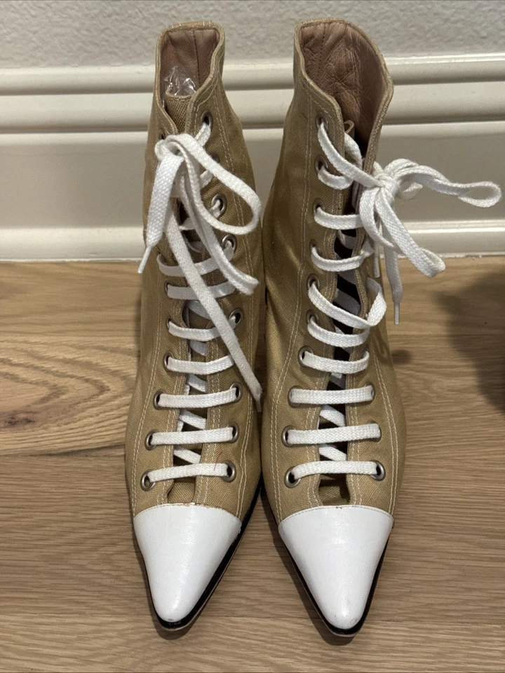 Manolo Blahnik RARO Zapatilla Botines Tacón Gatito Camel Tostado Lino Blanco Talla 37.5 Foto 4 de 4