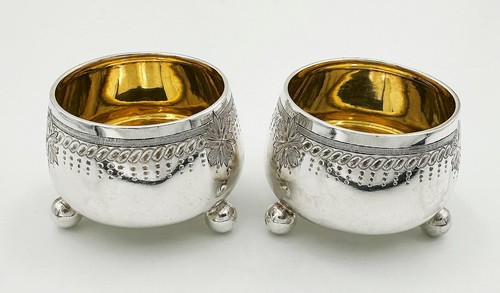 PAIR SALT CELLARS STERLING SILVER VICTORIAN SHEFFIELD 1880 HENRY WILKINSON & CO - Picture 3 of 8