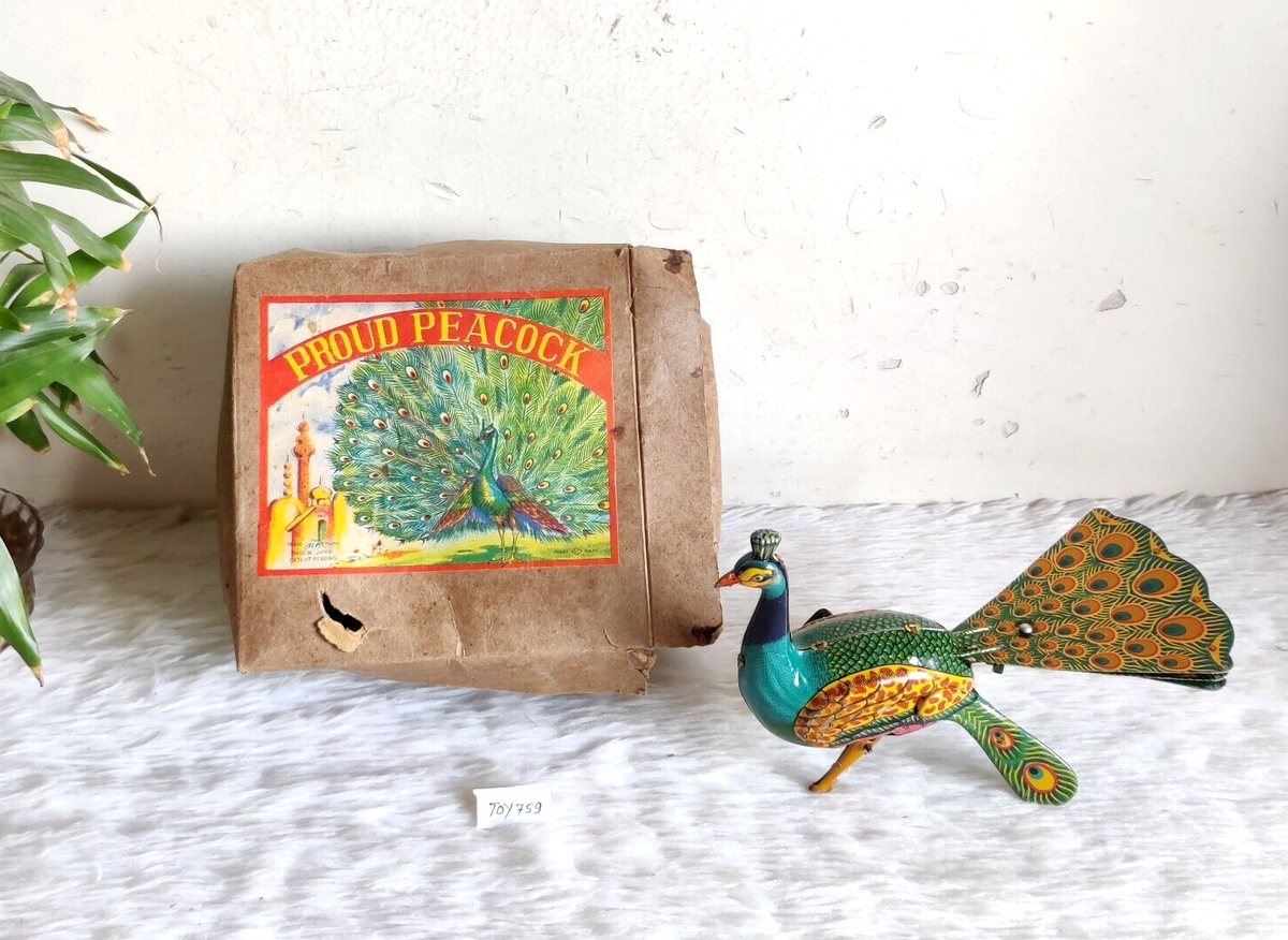 Vintage Proud Peacock Boxed Wind Up Tin Toy ALPS TM Japan Rare