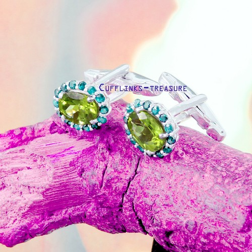 Natural London Blue topaz & Peridot Gemstones  925 Sterling Silver Cufflinks #45 - Picture 2 of 3