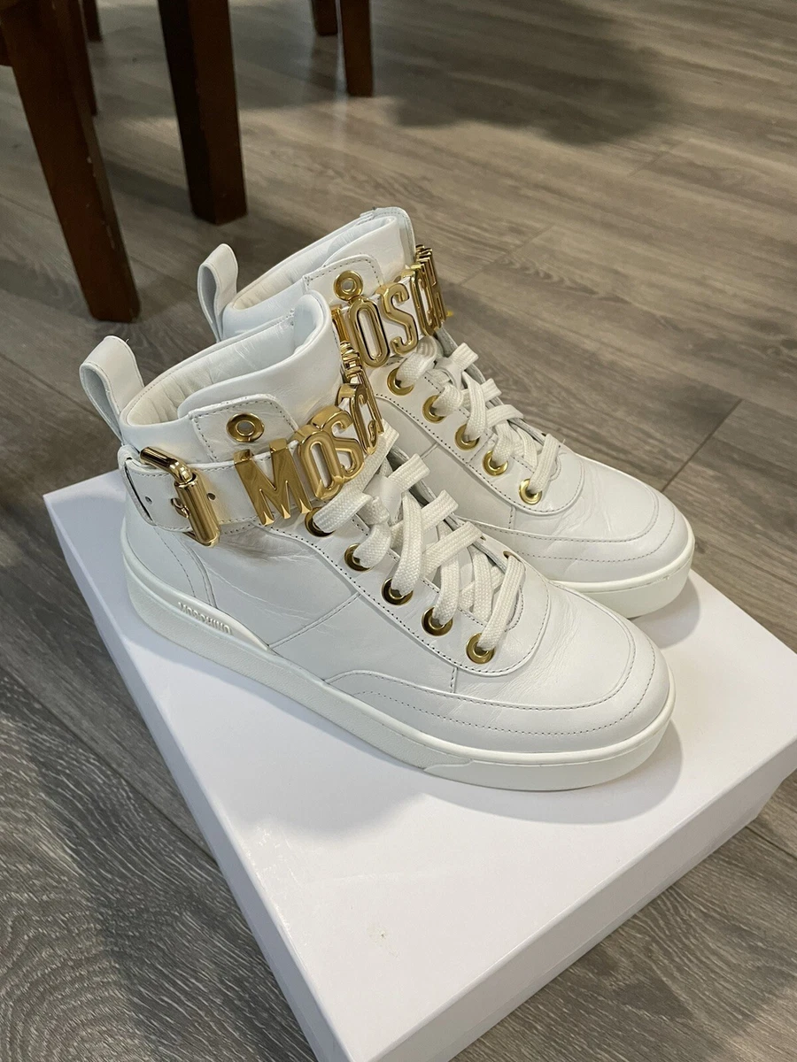 Moschino Logo White Leather High Top Sneakers Size 6 Gold Hardware