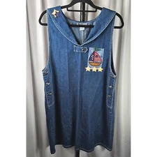 Vintage HAIKS Denim Nautical Sleeveless Knee Length Dress Buttons Stars Sz L