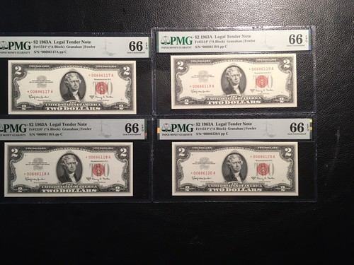 4 Consecutive 2.00 Us Notes 1963-A Star Notes PMG 66 EPQ Gem uncirculated - Picture 2 of 10