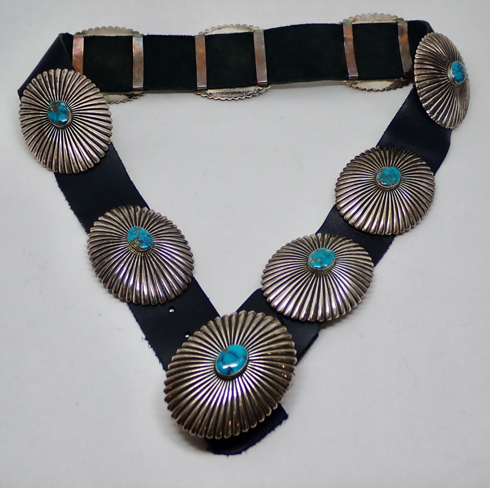 Superior Vintage Native American Navajo Jen Blackgoat Sterling Silver Turquoise Concho Belt Superior Vintage Native American Navajo Jen Blackgoat Sterling Silver Turquoise Concho Belt