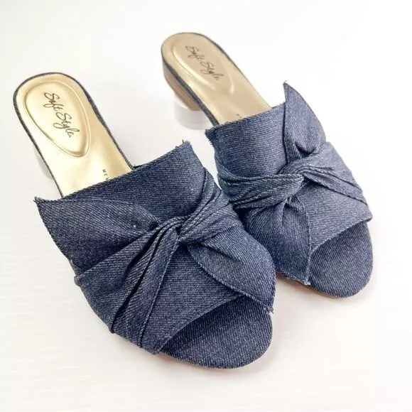 Soft Style Slides womens size 7.5 Denim Bow Flat sandals