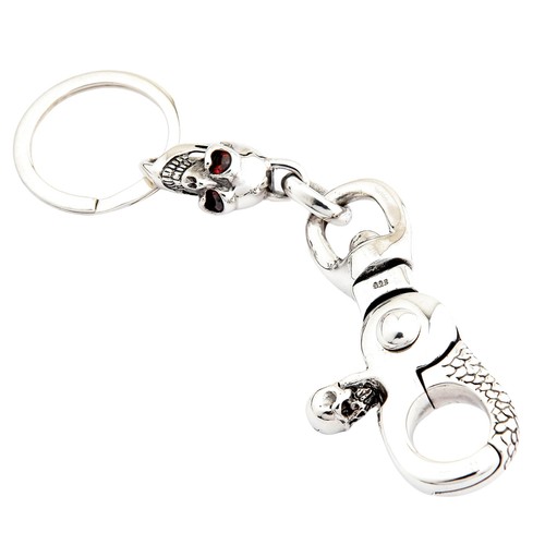 Garnet Eye 925 Sterling Silver Skull Biker Key Chain Gothic Accessories Mens New - Picture 4 of 6