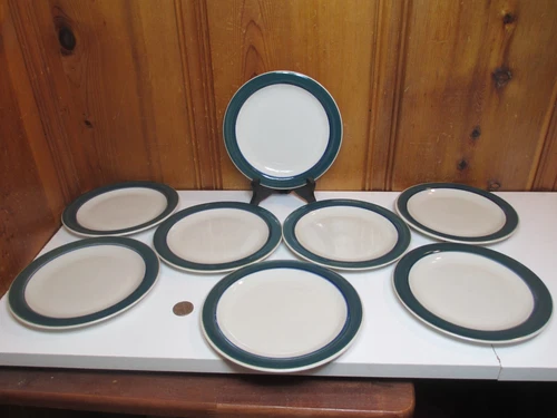 Set of 8 Gibson Back to Basics Green Band Blue Line 7" Salad Plates Retired 2002