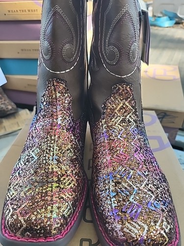 Roper Kids Boots Glitter Aztec Brown Sq Toe NIB Sz 2 Free Shipping