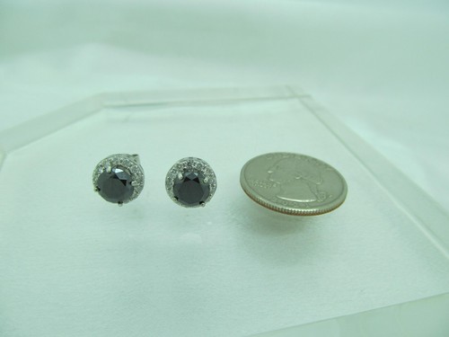 14K WHITE GOLD 2.5CTW BLACK DIAMONDS .26CTW WHITE DIAMONDS HALO EARRINGS, 10mm - Picture 10 of 12