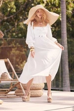 Nine Lives Bazaar ~ Dove Shirred Dress White Cotton Midi Gown  Size S AU 6 8 10