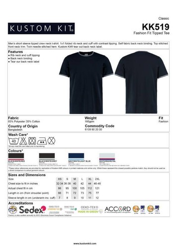 Kustom Kit moda ajuste de contraste tipped casual t kk519 - tripulación cuello c - Imagen 2 de 5