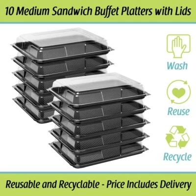 DELISUPPLIES Medium Sandwich Platters Catering Cake Buffet Party Platter 10 x Trays with Lids