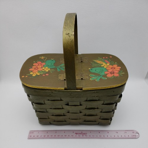 Vintage 1970's Decoupage Woven Wood Basket Purse Sewing Blue Birds Floral Green - Picture 19 of 24