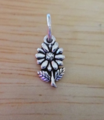 Sterling Silver TINY 10x6mm Daisy Flower with Stem Leaves Charm - Picture 1 of 3