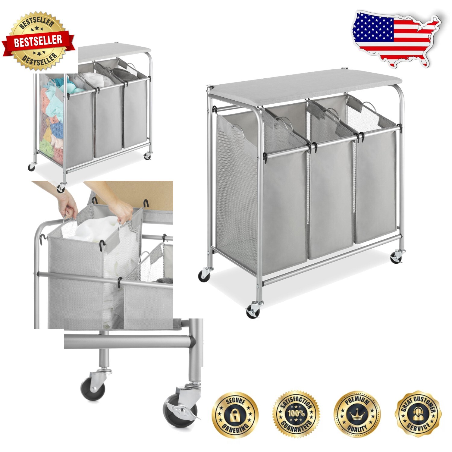 Stylish Chrome/Gray Rolling Laundry Sorter with Ironing Board - Space Saver-image