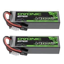 2X OVONIC 7.4V 120C 1400mAh 2S LiPo Battery EC2 for 1/12 1/14 1/16 RC Car truck