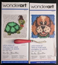 2 Wonderart Latch Hook Kits  (Turtle and Puppy) *Caron Latch Hook Tool Included*