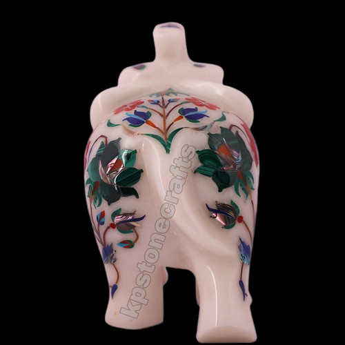 Handcrafted Decorative White Marble Elephant Statue Inlaid with Semi-Precious - Picture 6 of 8