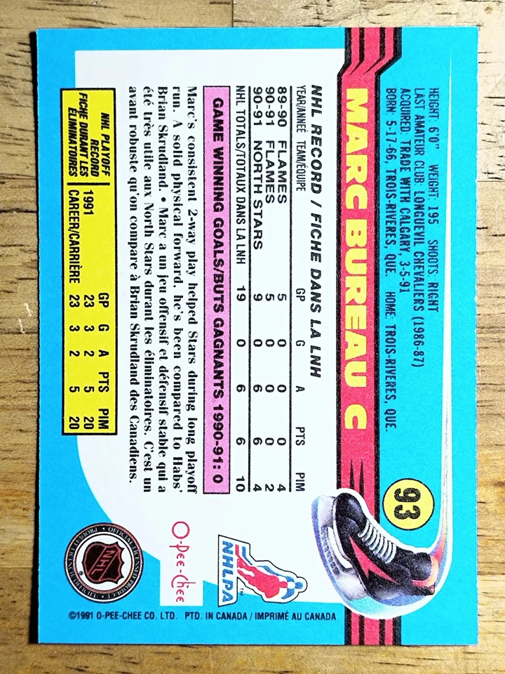 1991-92 O-Pee-Chee #93 Marc Bureau - Image 2 of 2